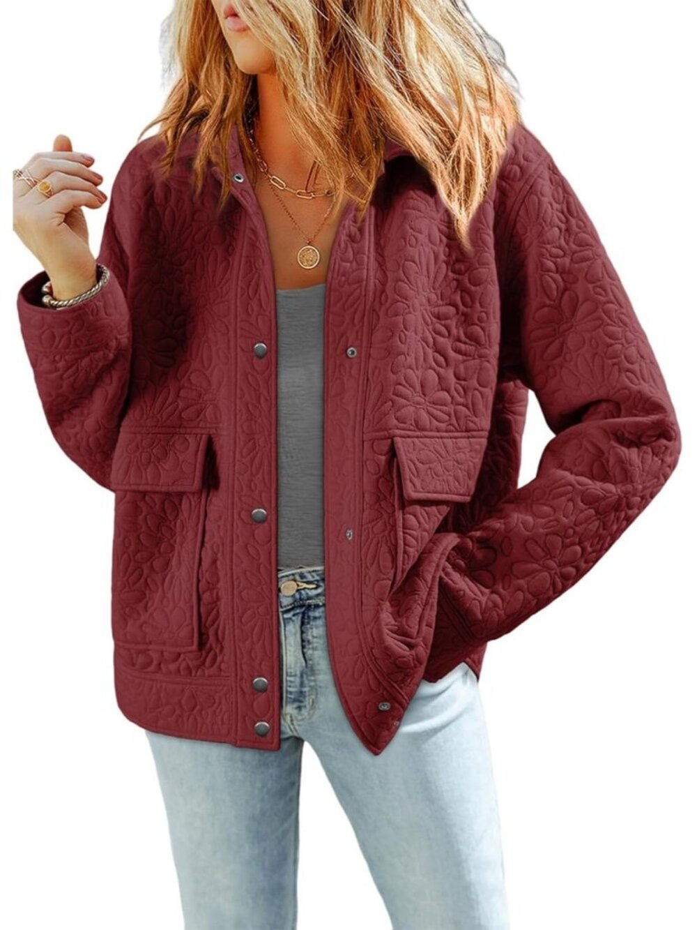 〽️Women Red Casual Warm Winter Long Sleeve Jacquard Turn Down Collared Shacket